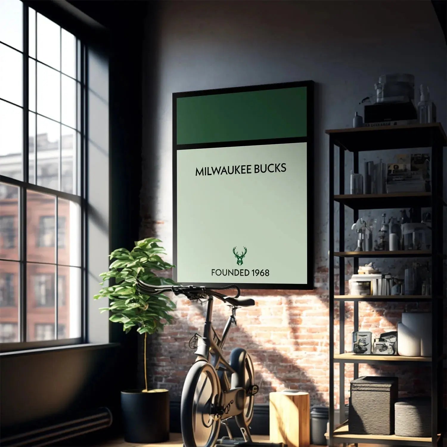 Lifestyle view: Game Board - Bucks hanging framed above a modern desk setup.