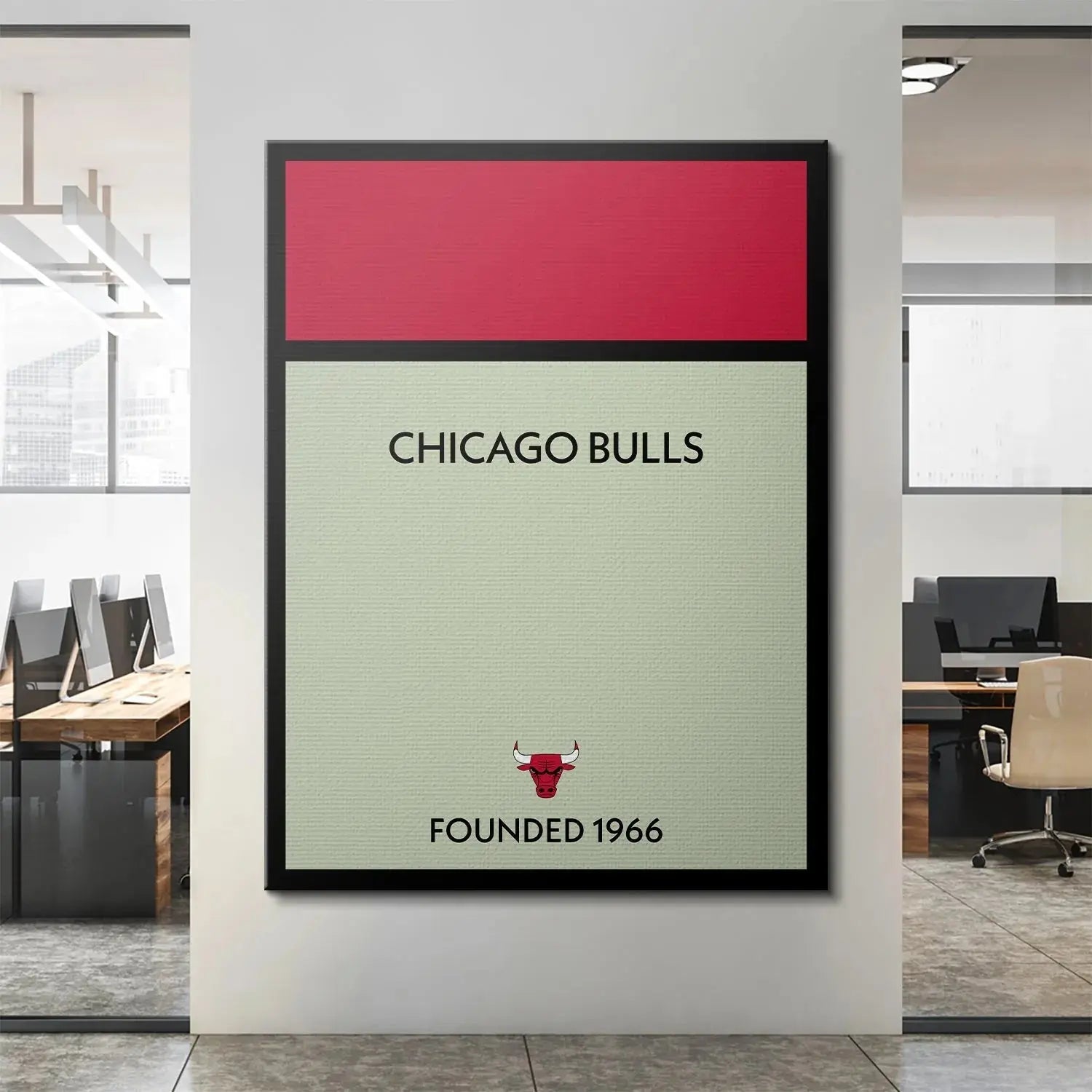 Lifestyle mock-up displaying the unique Game Board - Bulls hanging in a contemporary, neutral-toned living room.