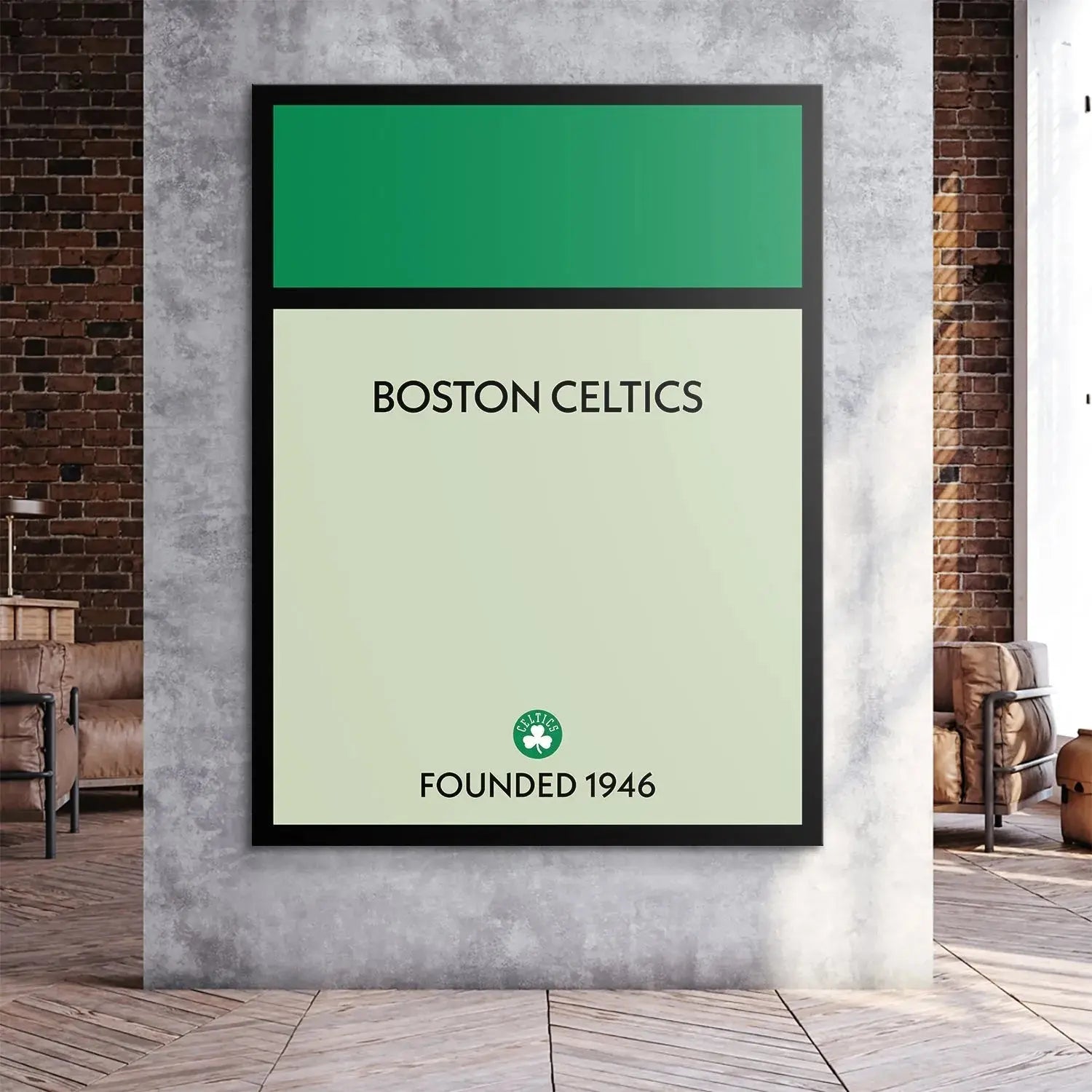 Detailed view focusing on the 'FOUNDED 1946' text and shamrock logo on the lower section of the Game Board - Celtics.