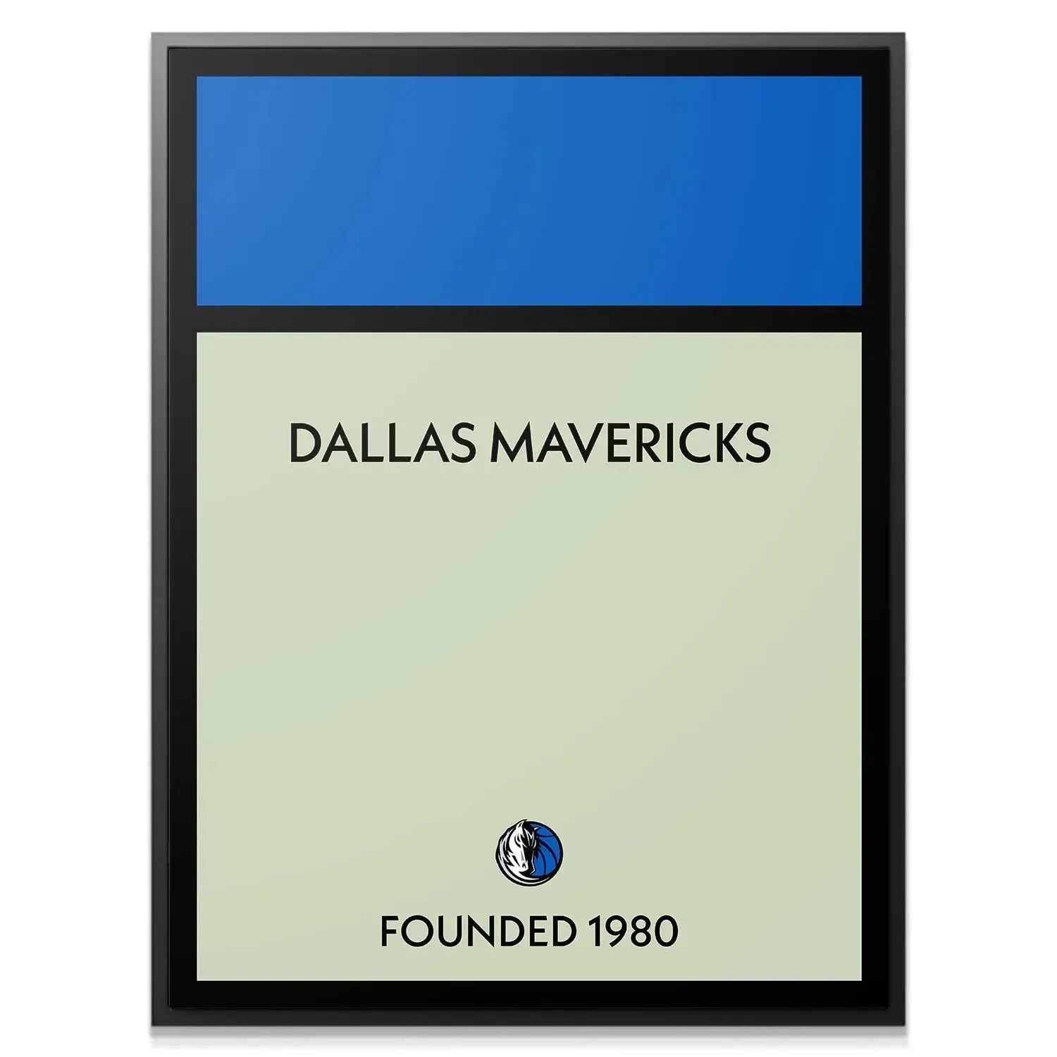 Close-up detailed shot of the 'Dallas Mavericks' typography on the official Game Board - Mavericks print.