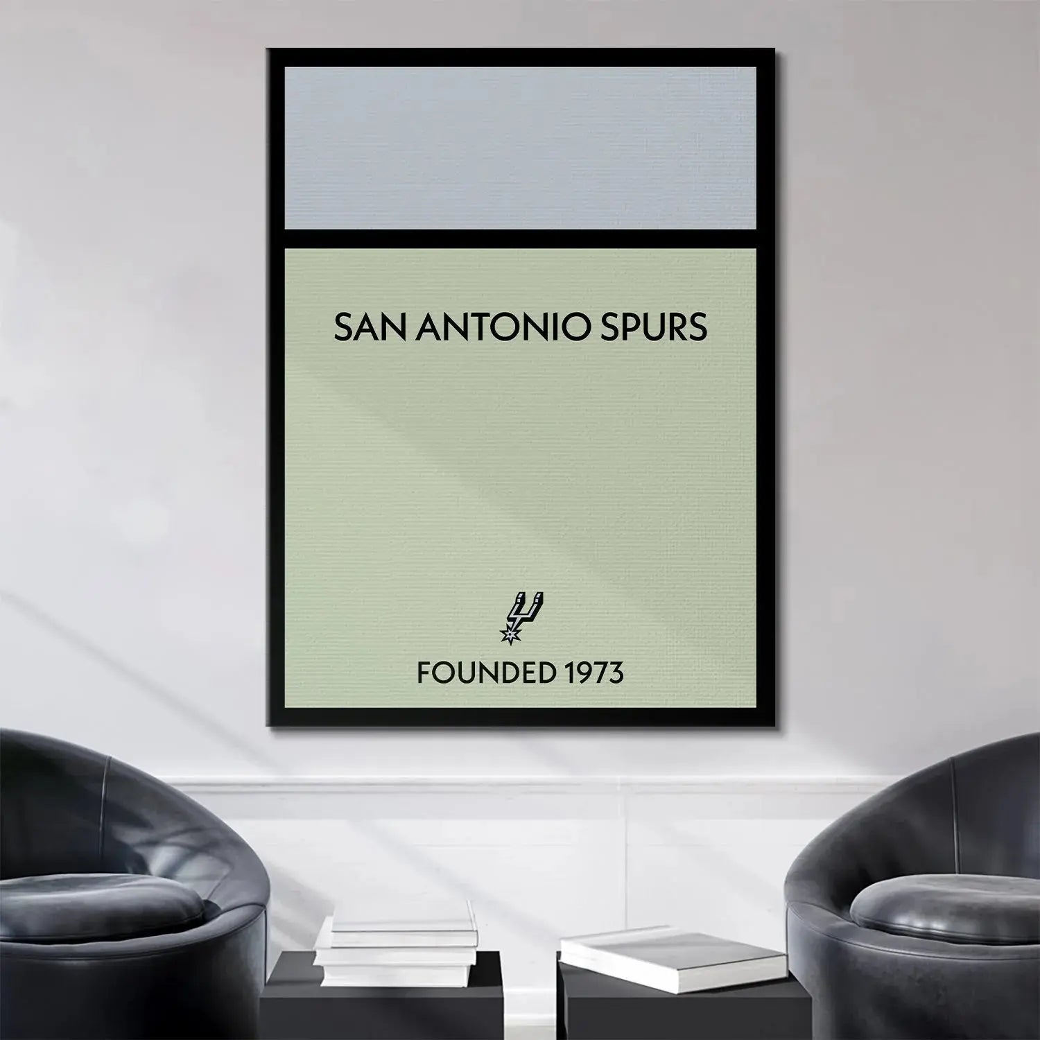 Lifestyle image of the Game Board - Spurs hanging above a modern desk in a home office setting.
