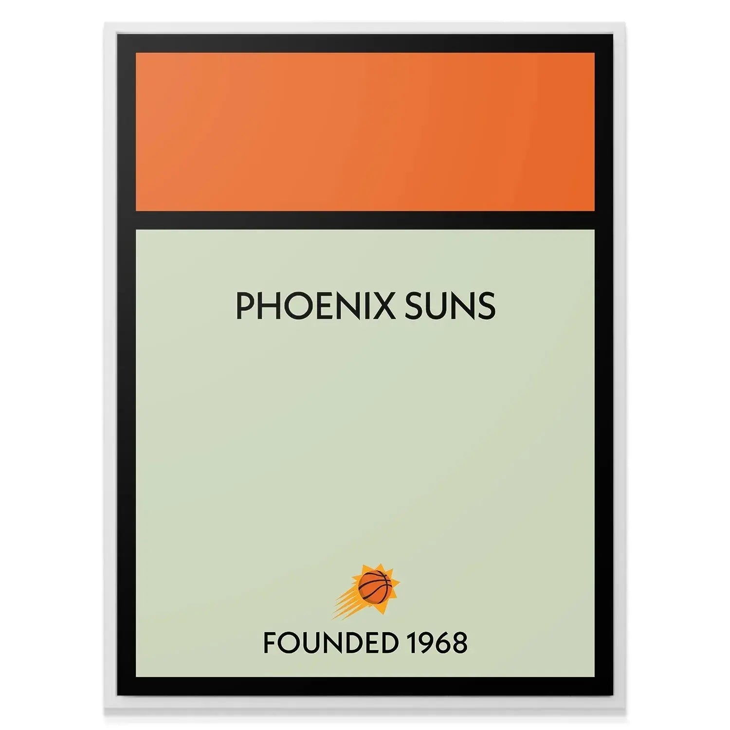 Lifestyle shot of the Game Board - Suns hanging above a modern living room couch.