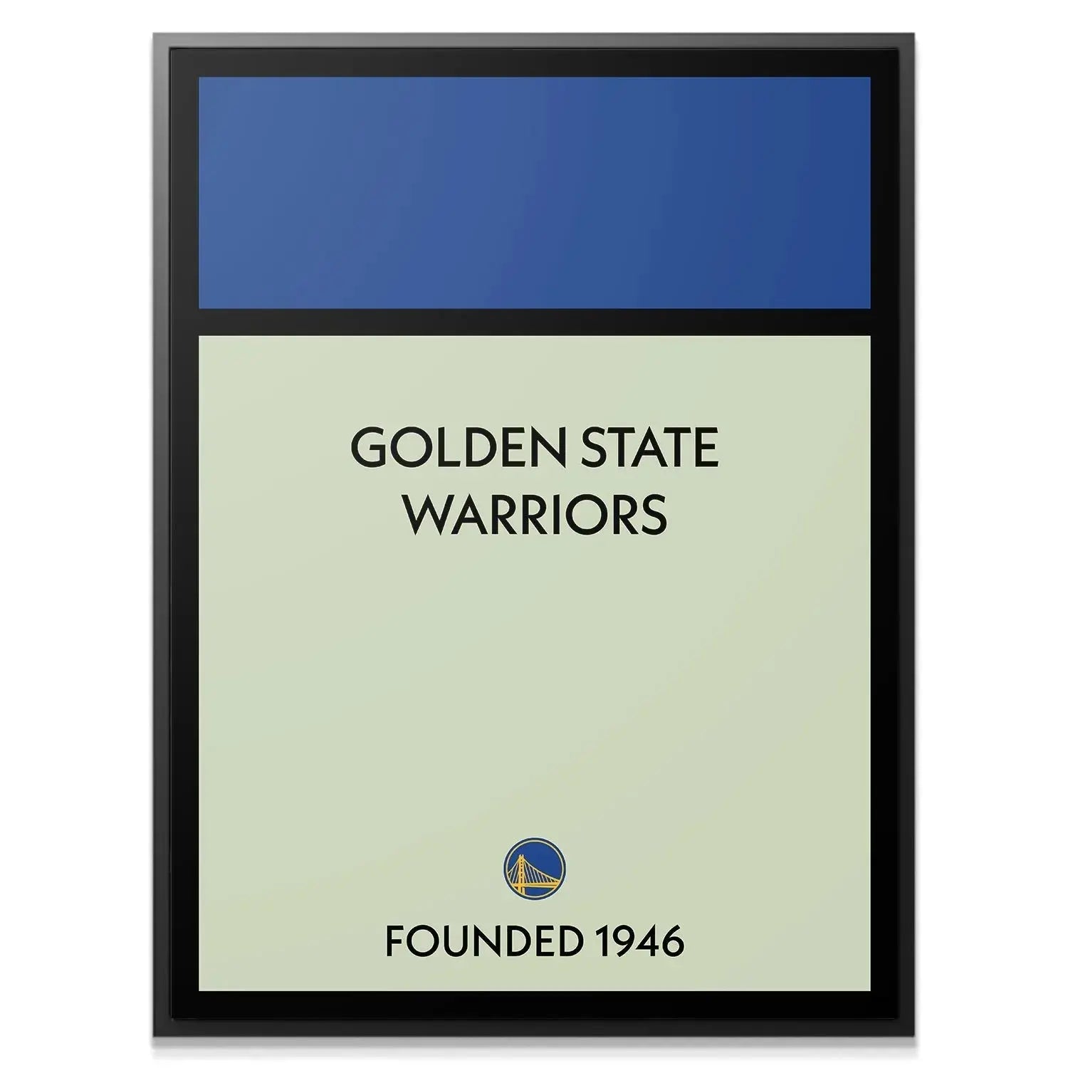 Close-up detail of the "GOLDEN STATE WARRIORS" typography on the vintage-styled 'Game Board - Warriors'.
