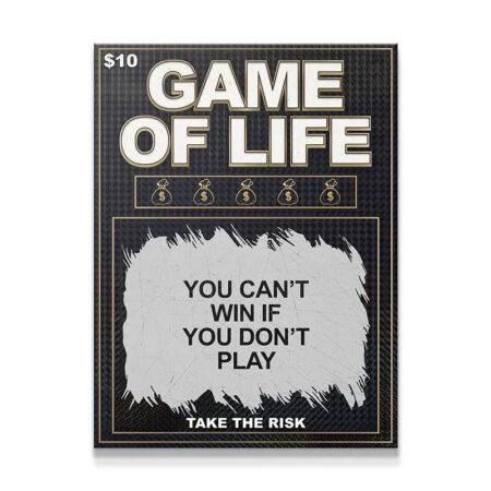 Close-up detail of the '$10' price tag and the text 'Game of Life' on the scratch ticket art.