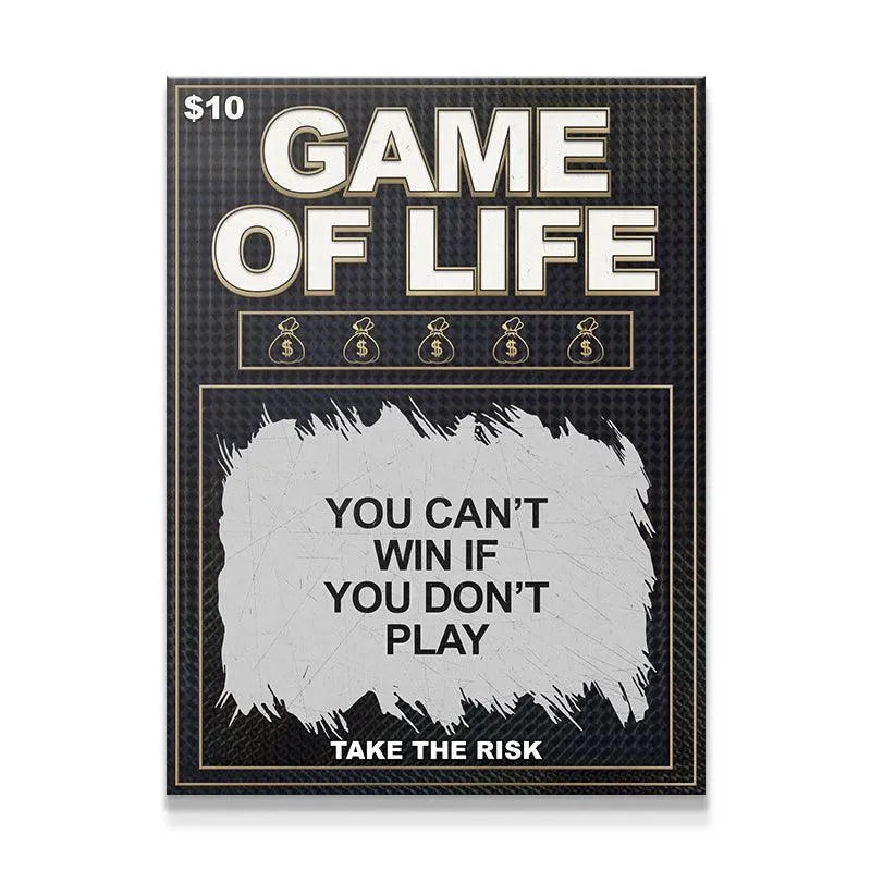 Close-up detail of the '$10' price tag and the text 'Game of Life' on the scratch ticket art.