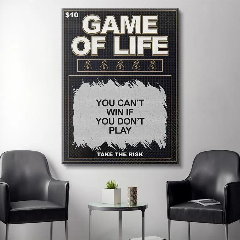 Detailed texture shot focusing on the distressed white paint splash area of the 'Game of Life' print.