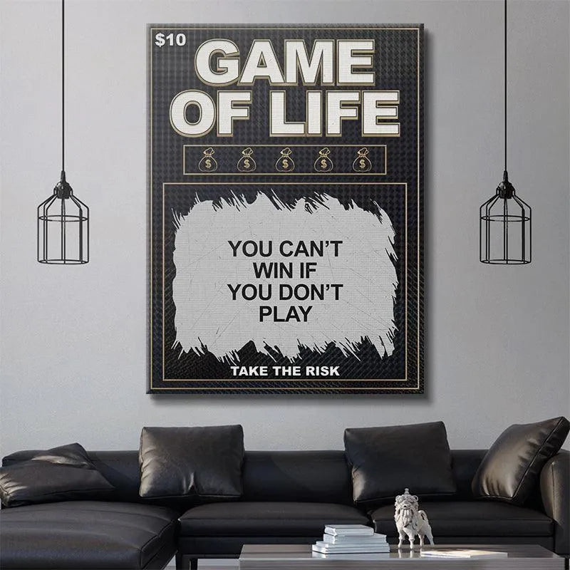 Low angle perspective showing the dramatic lighting on the glossy finish of the 'Game of Life' artwork.