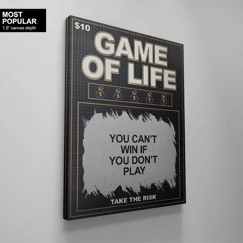 Horizontal crop emphasizing the line of six golden money bag icons below the 'Game of Life' title.