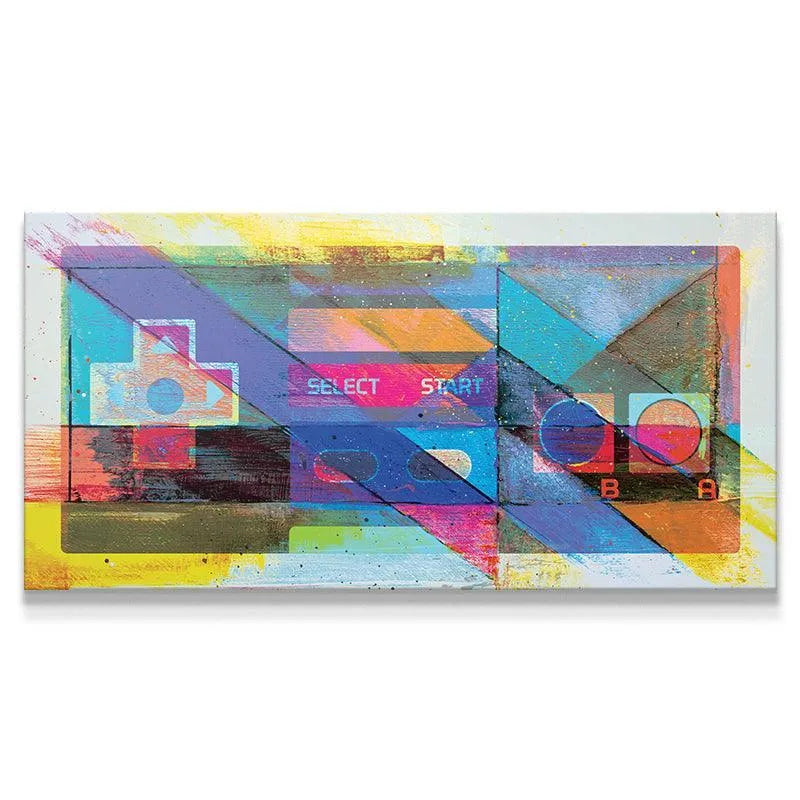 Full frontal view of the "Game On" abstract retro gaming controller wall art.