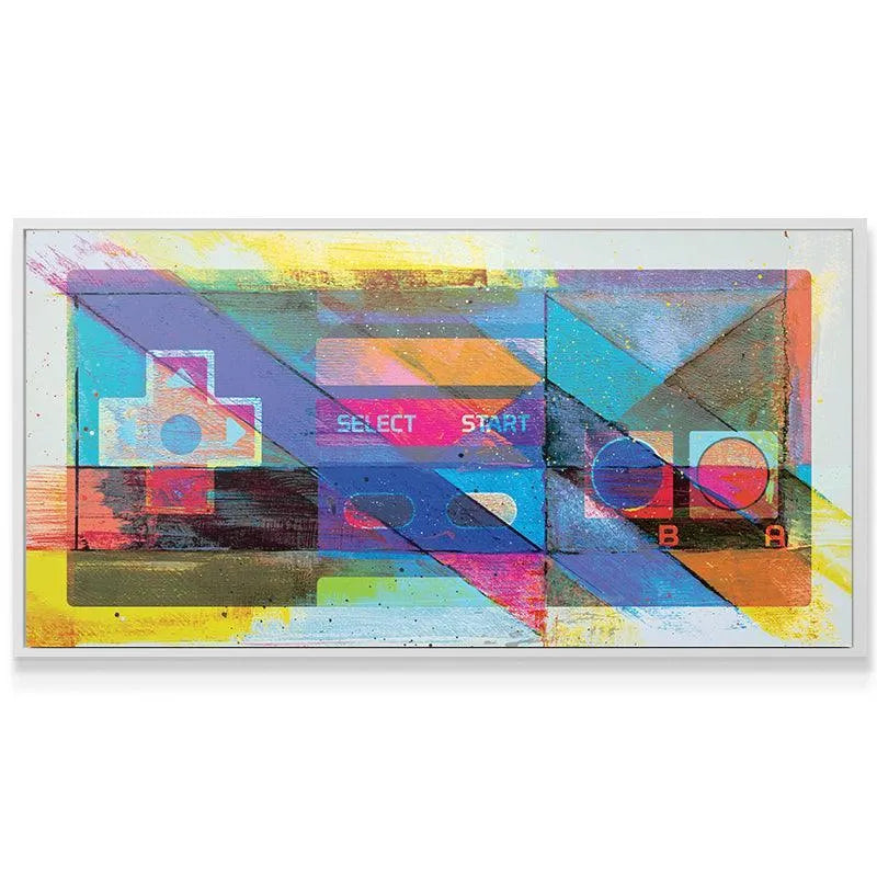 Lifestyle shot of the "Game On" artwork hanging above a modern sofa in a living room setting.