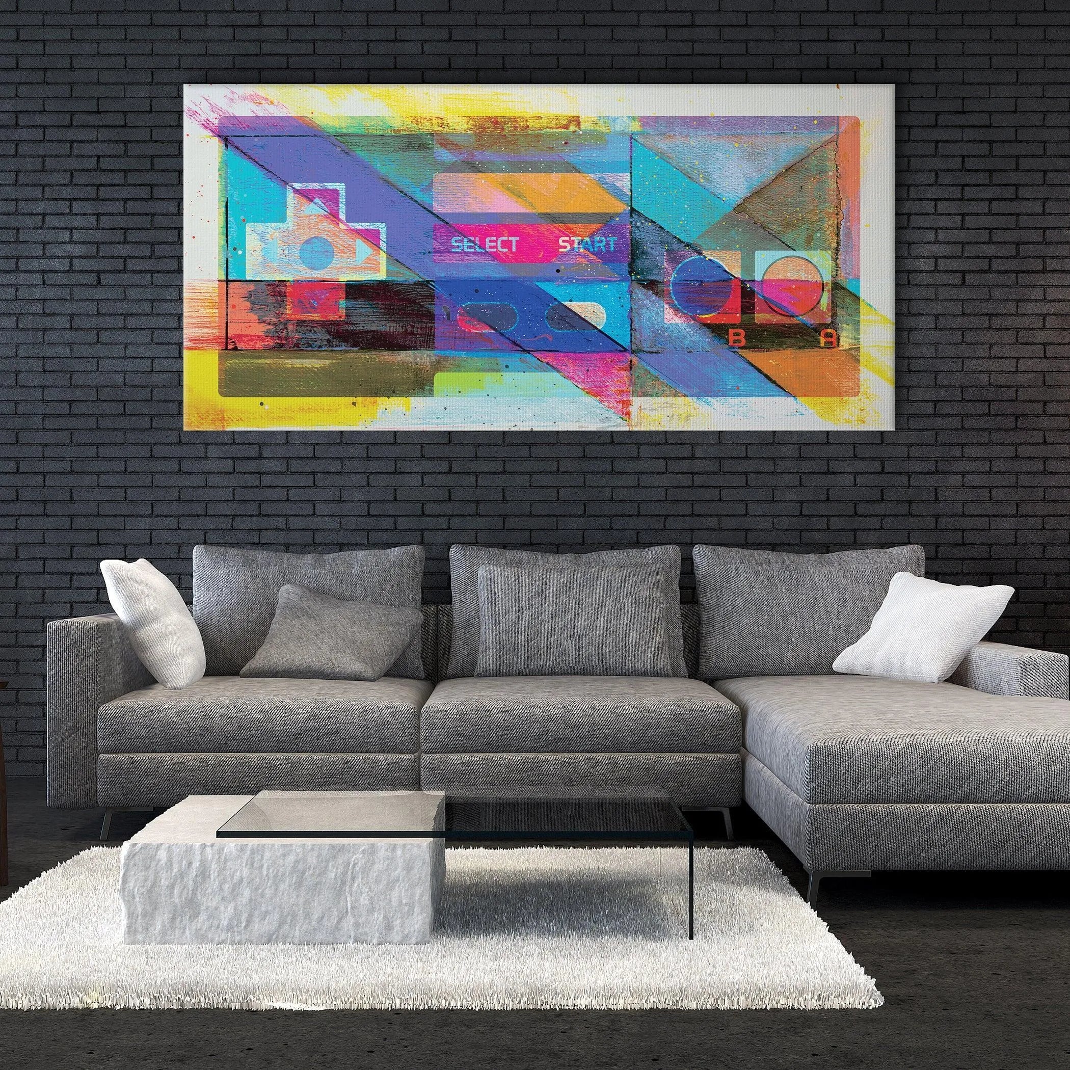 Detailed view of the 'SELECT' and 'START' buttons within the vibrant "Game On" painting.