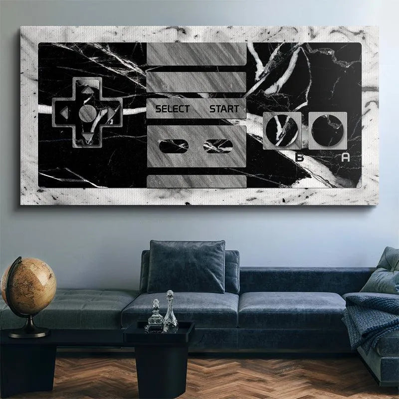 Lifestyle mockup featuring the elegant Game On (Marble Edition) hanging in a minimalist living room.