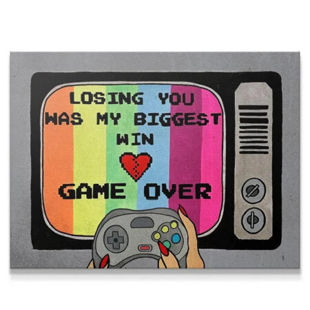 Full view of the retro television screen art declaring "Game Over" against a rainbow stripe background.