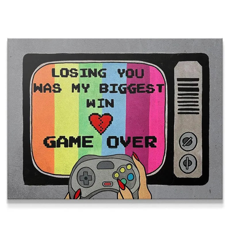 Full view of the retro television screen art declaring "Game Over" against a rainbow stripe background.