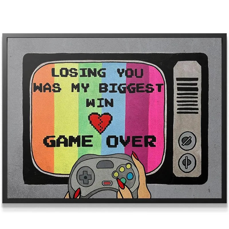 Close-up texture shot showing the canvas weave and pixelated text detail of "Game Over."