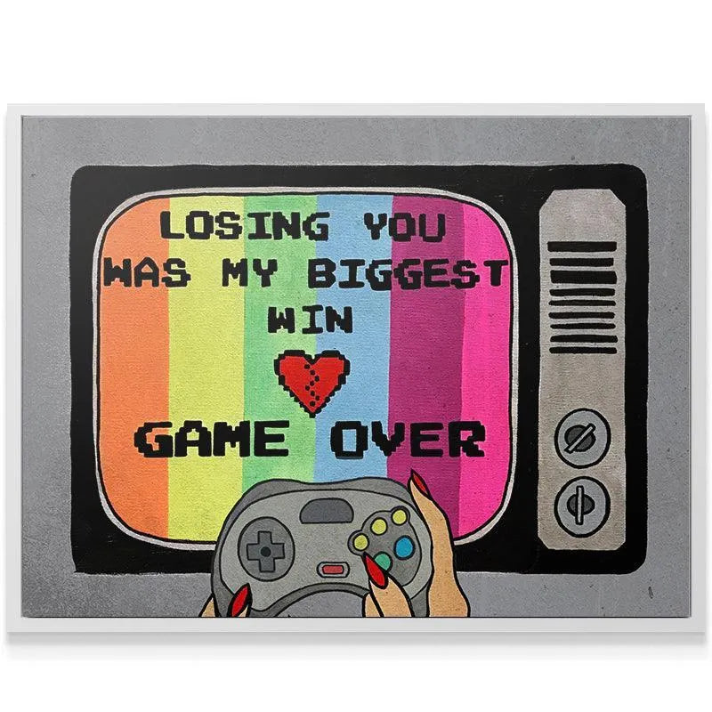 Angled perspective highlighting the woman's hands with red nails holding the vintage controller beneath the "Game Over" message.