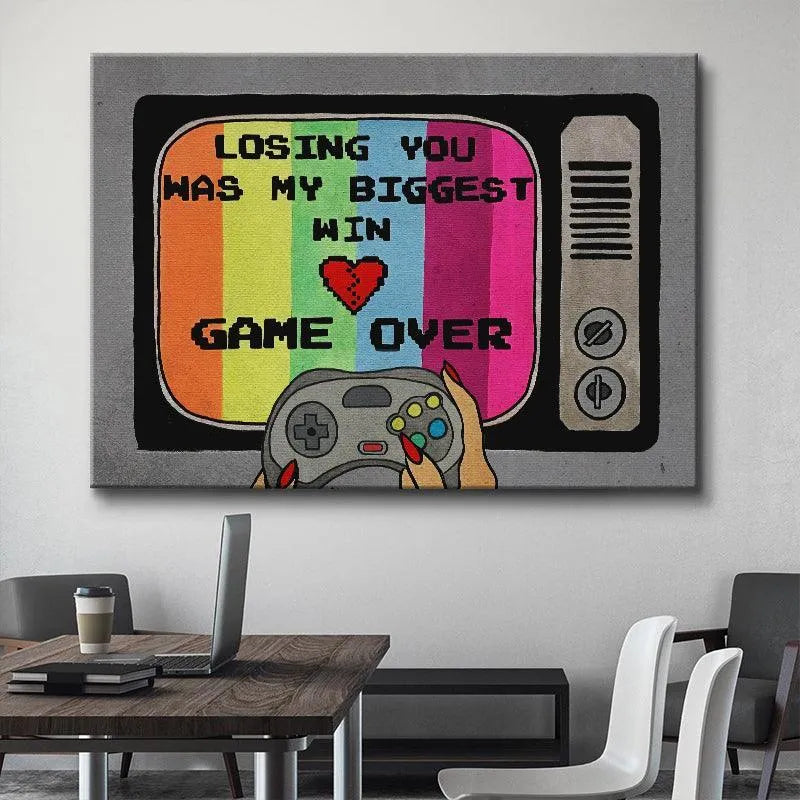 Detailed crop of the broken 8-bit heart icon situated above the central "Game Over" text.