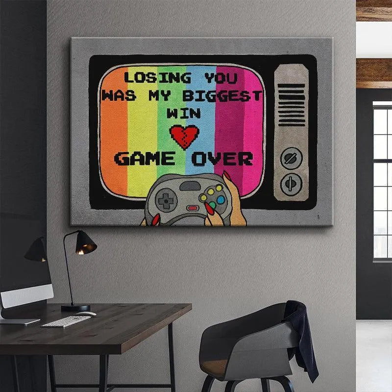Lifestyle photo: artwork hanging in a brightly lit modern gaming room featuring the impactful "Game Over" theme prominently.