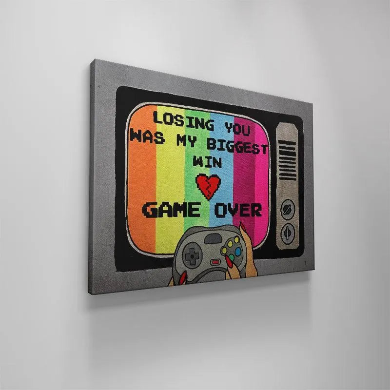 Side view of the thick gallery wrap border showcasing the depth of the "Game Over" canvas print.