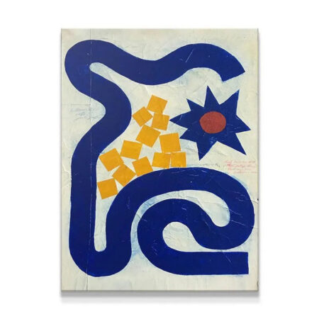 Full view of the abstract 'Garden Path' artwork showing the bold blue meandering line.