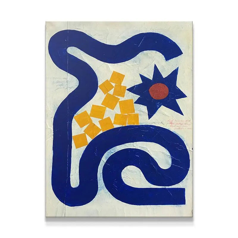 Full view of the abstract 'Garden Path' artwork showing the bold blue meandering line.