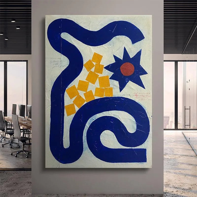 The distinct blue star shape and red center focal point within the 'Garden Path' composition.