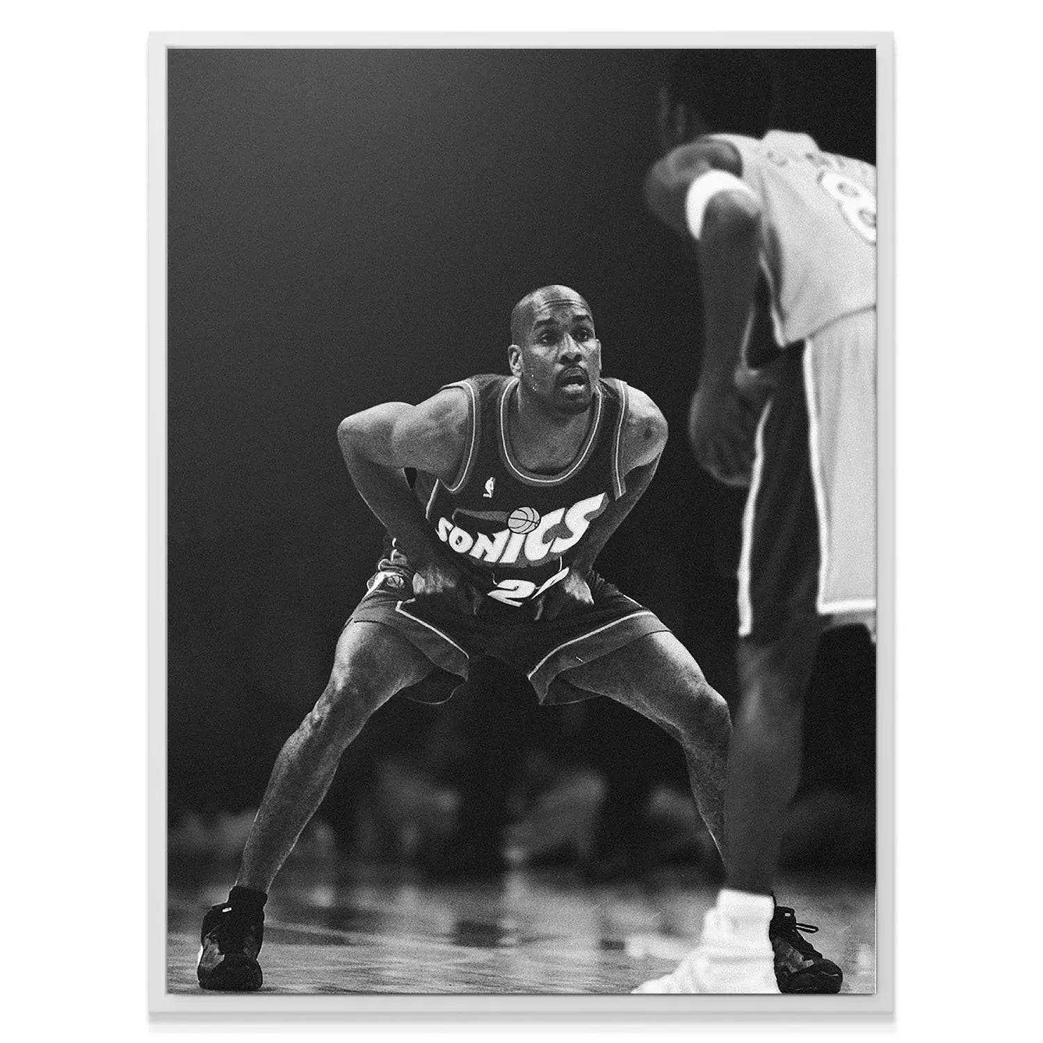 Black and white canvas texture featuring Gary Payton - Defense in a Seattle Sonics uniform.