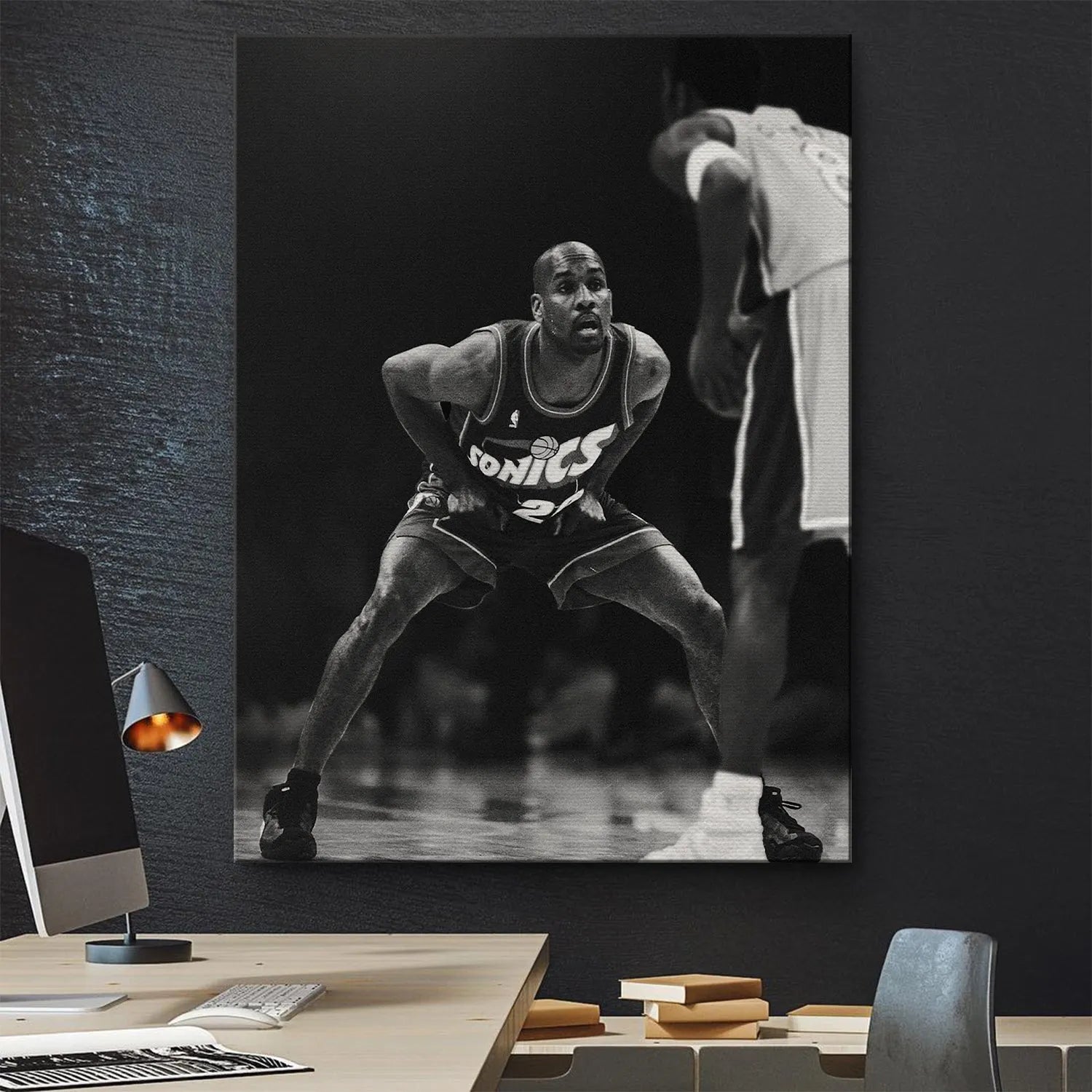 Wide court view capturing the tension of Gary Payton - Defense against an opposing player.