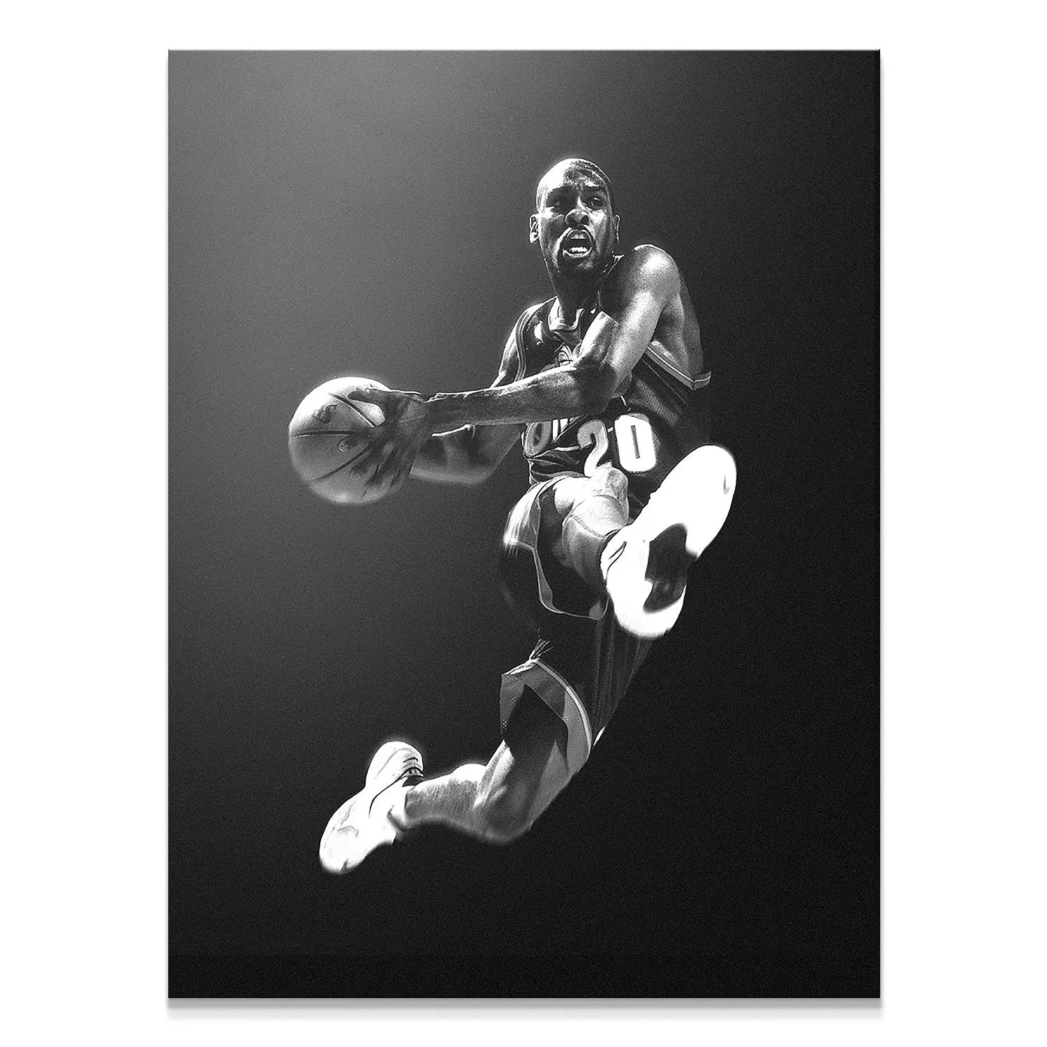 Monochrome canvas displaying 'Gary Payton - Pass' showing the full dynamic leap and intense player expression.