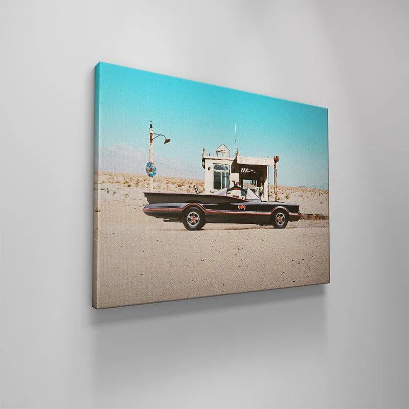 Lifestyle art print showing the vintage car parked directly in front of the rundown booth at the 'Gas Stop'.