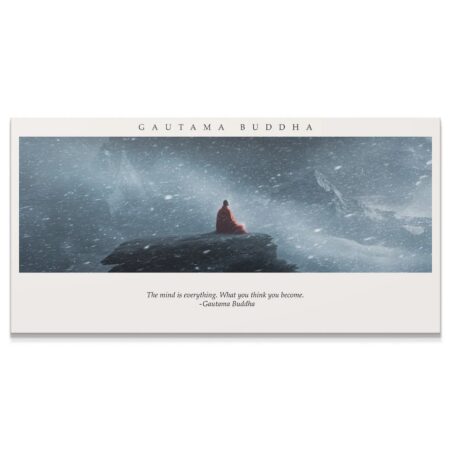 Full composition of Gautama Buddha - What You Think, You Become, meditating on a snow-covered mountain peak, symbolizing resilience.