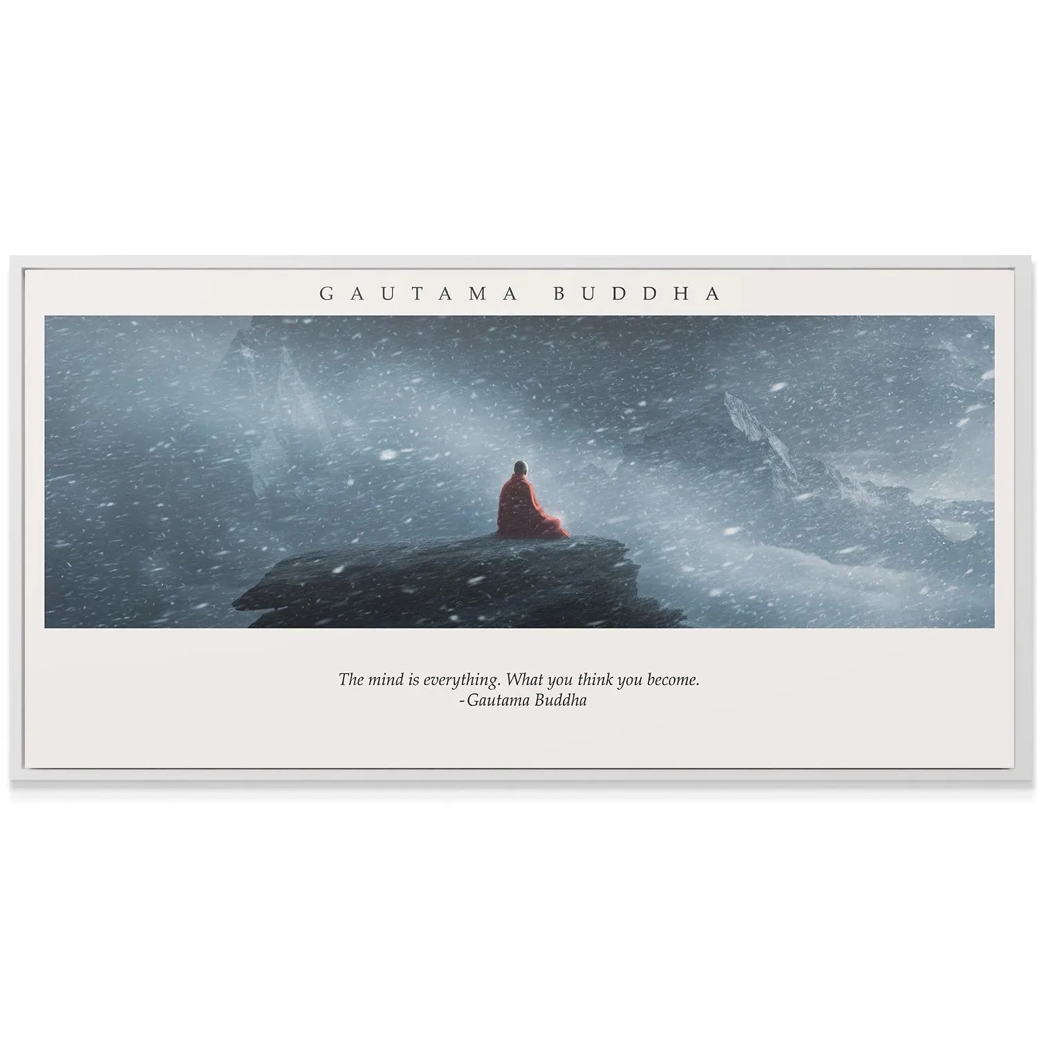 Wide-angle view showing the vast, cold landscape backdrop and the tiny figure featured in the Gautama Buddha - What You Think, You Become digital painting.
