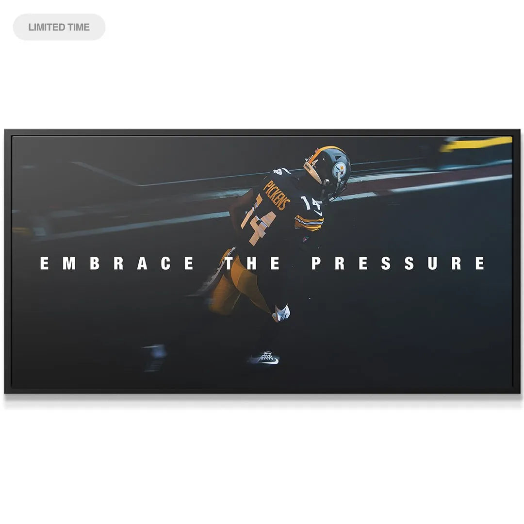 Low-angle view capturing the speed and intensity of George Pickens - Embrace The Pressure limited edition canvas art.