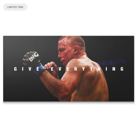 Panoramic view of a bloodied GSP fighting with 'Give Everything' text overlay: George St. Pierre - Give Everything
