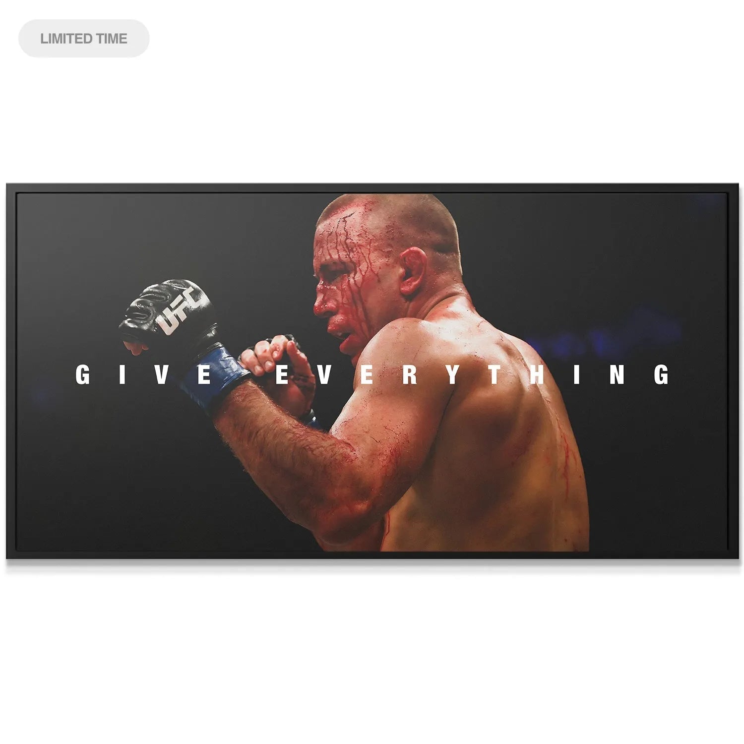 Close-up detail of GSP's focused face and eyes showing grit during the bout: George St. Pierre - Give Everything