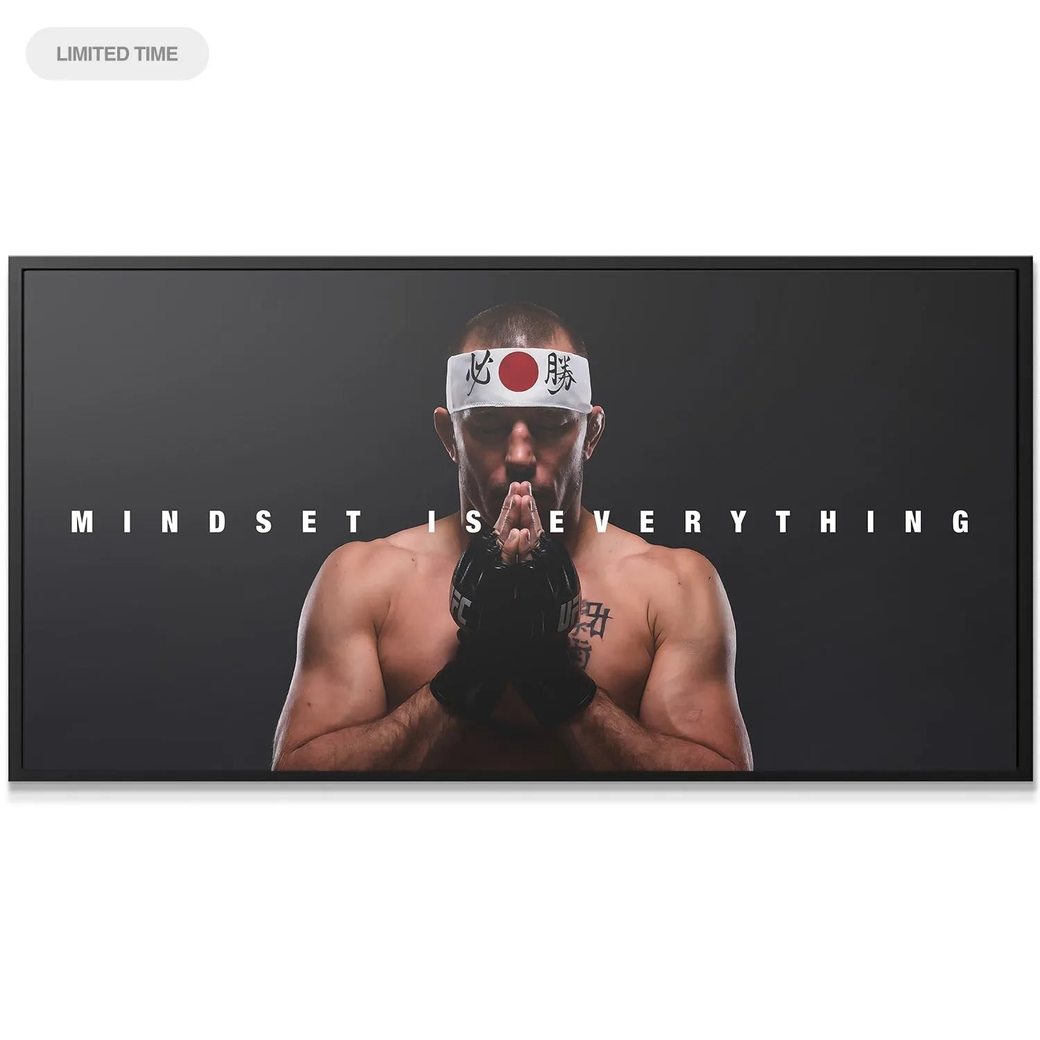 Wide panoramic view of the motivational print featuring the George St. Pierre - Mindset is Everything text overlay in bold letters