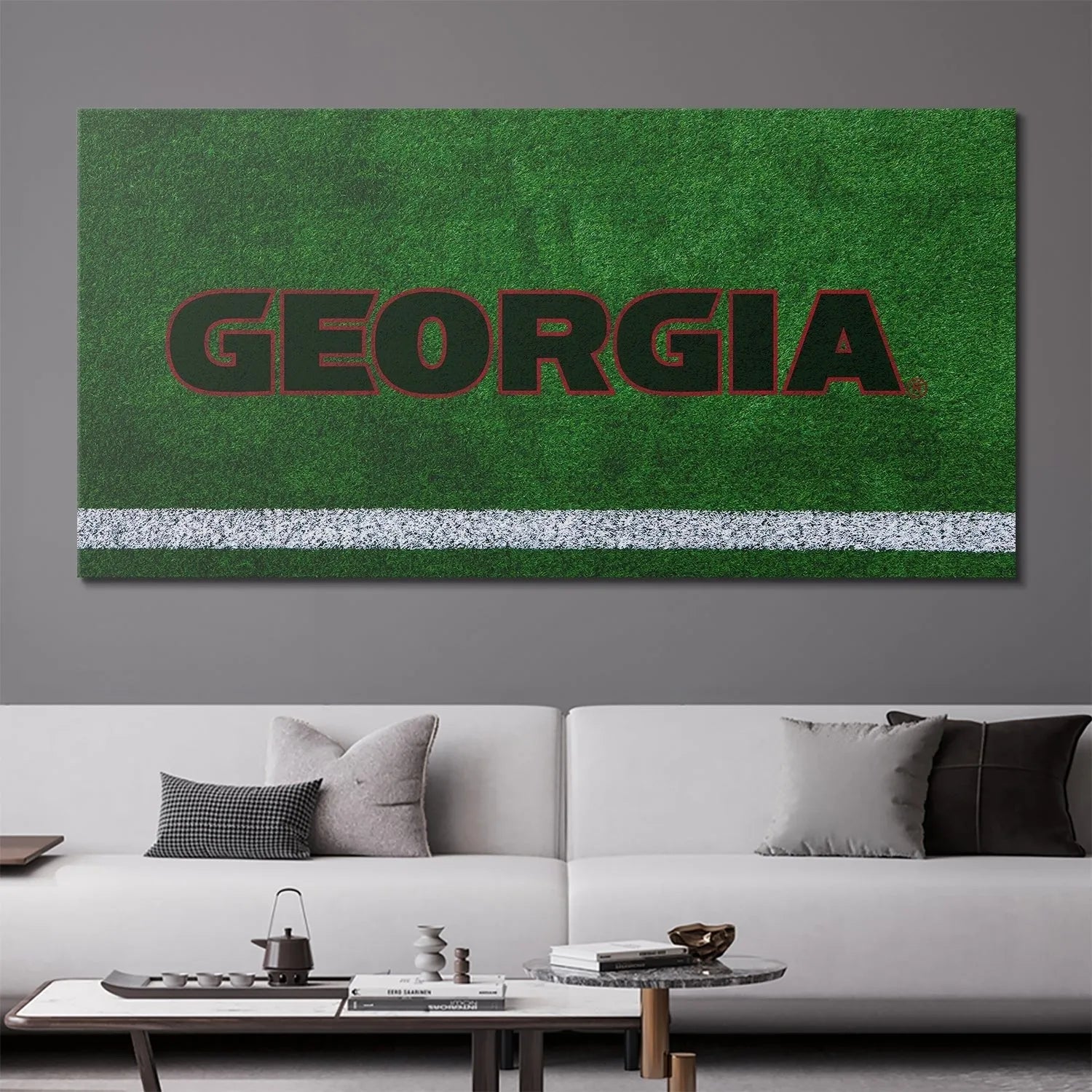 Lifestyle shot featuring the Georgia - Field Logo displayed prominently in a modern sports mancave.