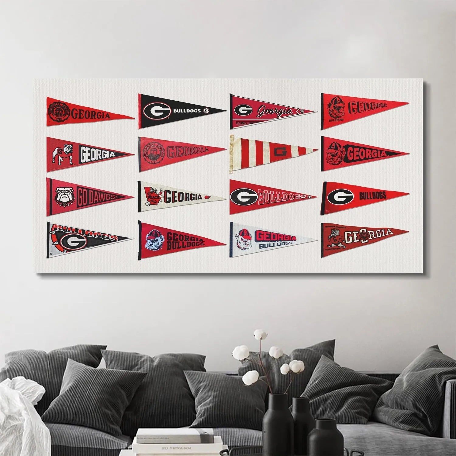 Lifestyle photo of the framed Georgia - Pennants displayed prominently on a fan's feature wall.