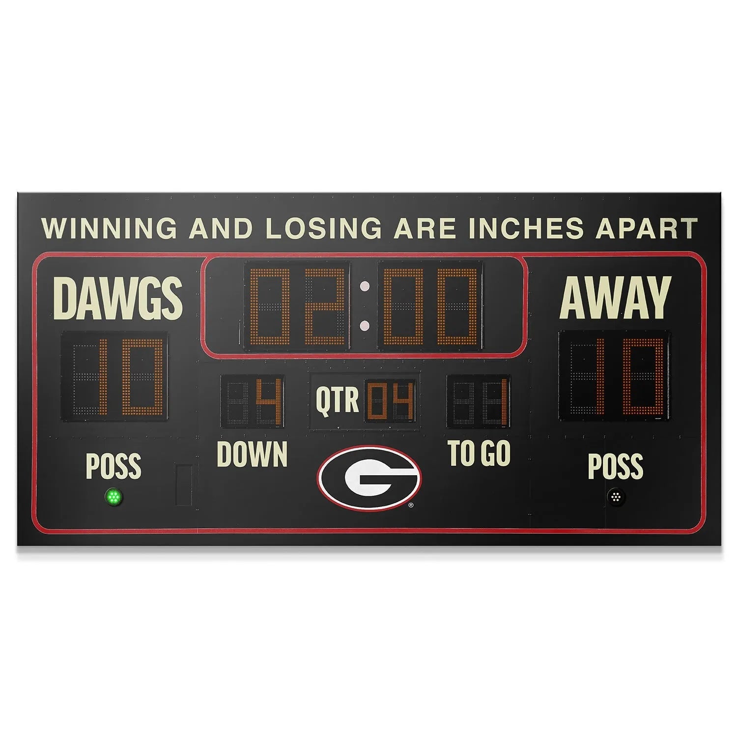 Close-up of the 'DAWGS' team name section on the vibrant Georgia - Scoreboard wall art.
