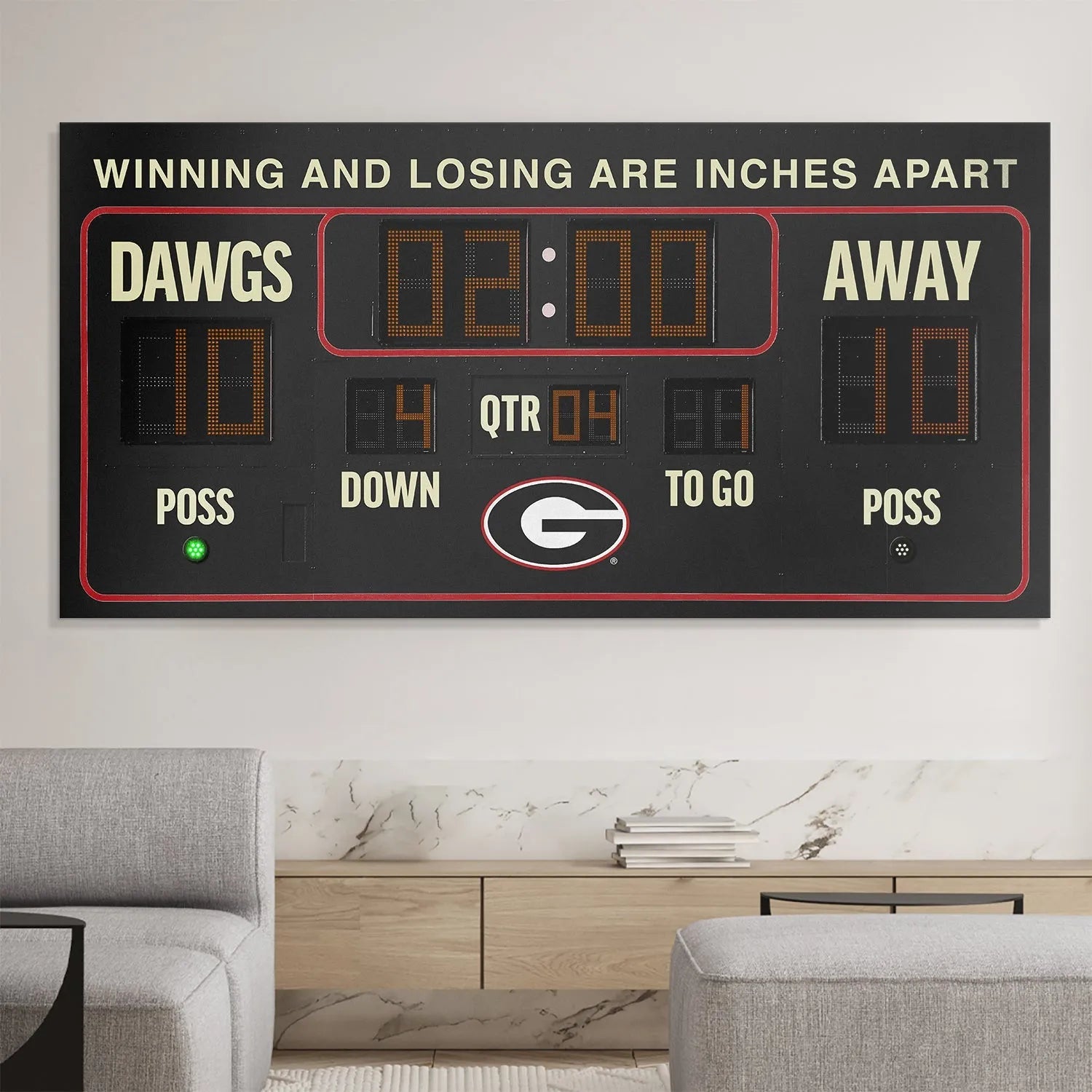 Detailed view of the possession light and 'DOWN' indicator on the decorative Georgia - Scoreboard.