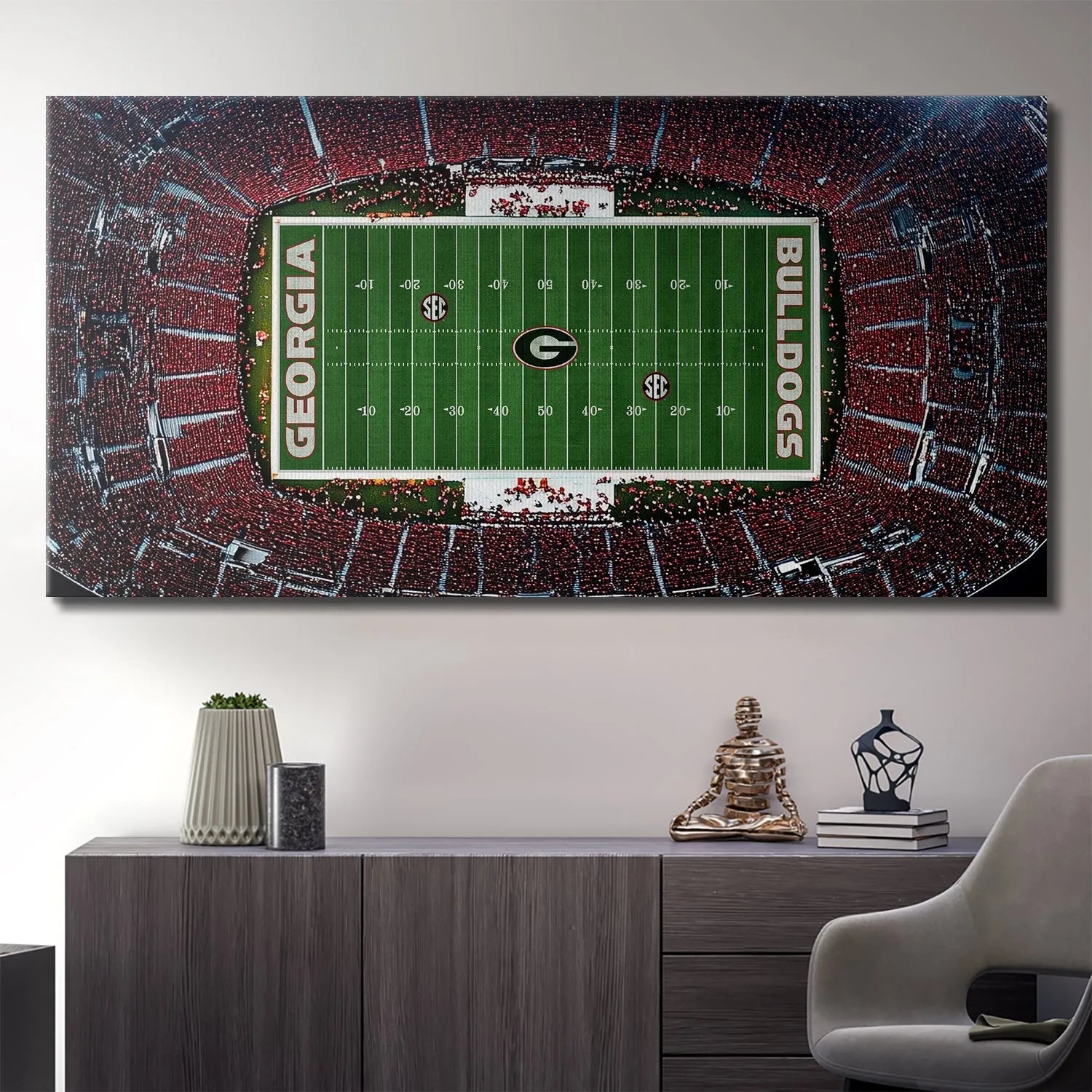 Texture simulation showing the canvas grain overlaid on the crowded seating area of Georgia - Stadium.
