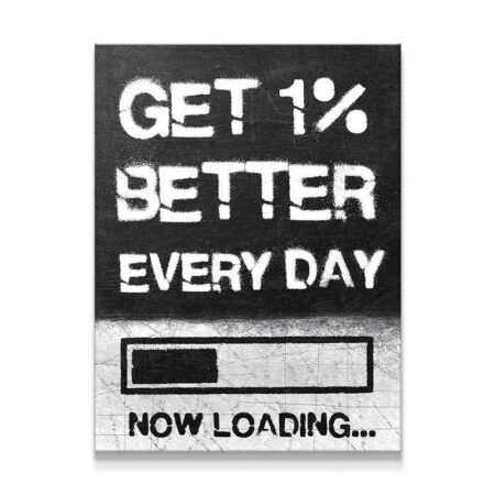 Close-up of the stencil texture on the 'Get 1% Better Every Day' motivational print artwork.