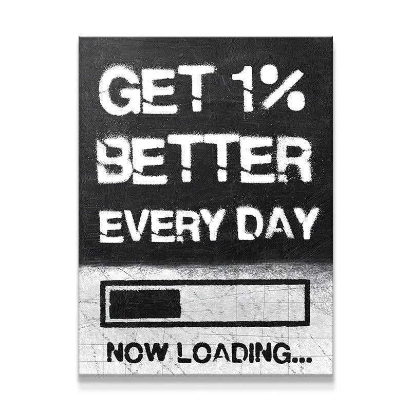 Close-up of the stencil texture on the 'Get 1% Better Every Day' motivational print artwork.