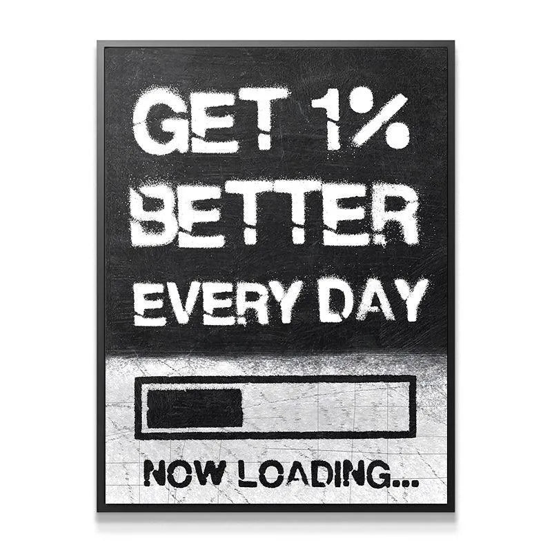 Lifestyle shot of the black and white canvas art hanging in a modern office, promoting 'Get 1% Better Every Day'.
