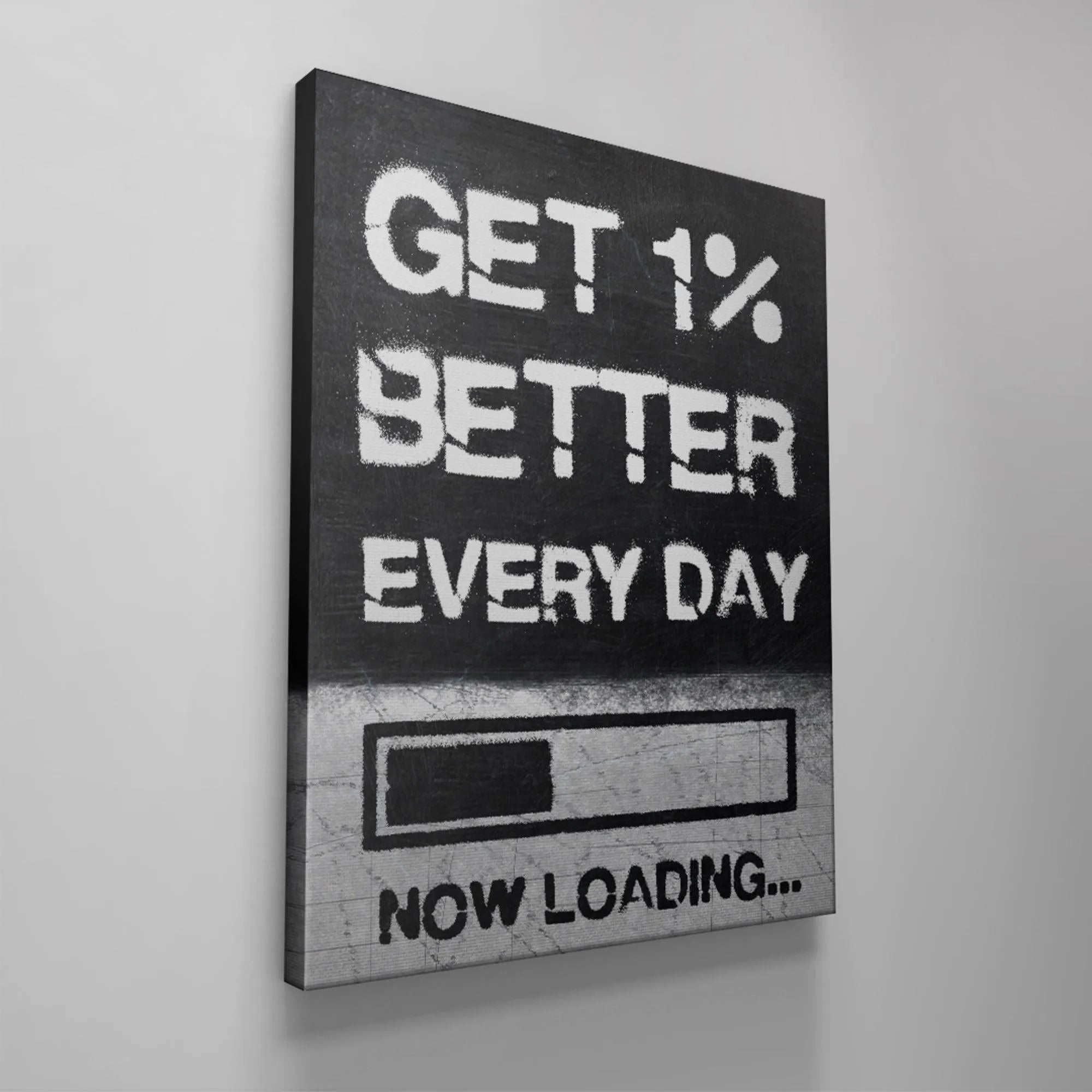 Textured black background detail contrasting with the white chalk lettering for 'Get 1% Better Every Day' typography.