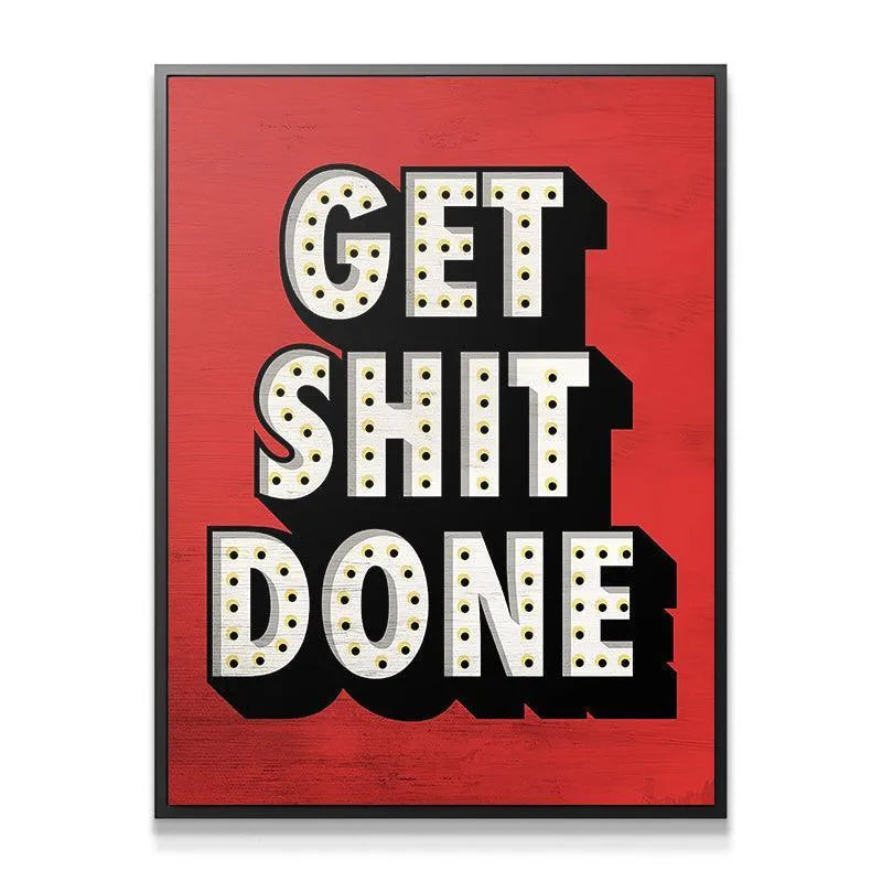 Close-up texture of the red distressed background behind the phrase Get Shit Done typography.
