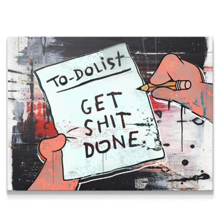 Close-up of the illustrated hand writing the phrase 'Get Shit Done List' on the crumpled paper.
