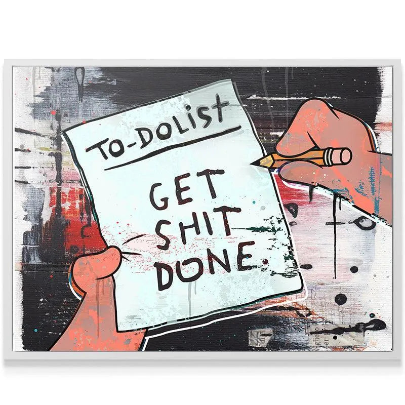 Detailed texture shot showing paint splatters surrounding the central 'Get Shit Done List' paper illustration.