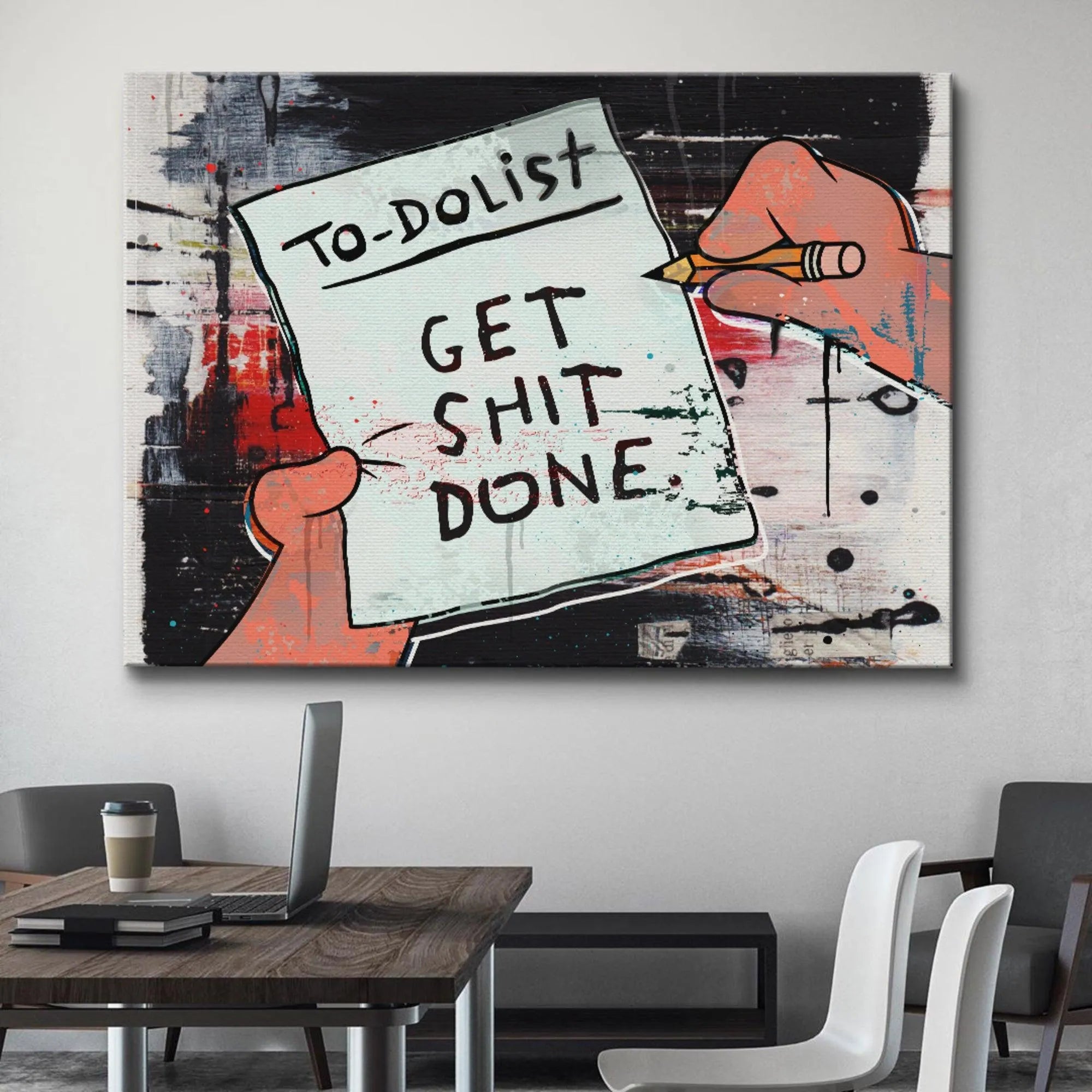 Square canvas print of the 'Get Shit Done List' graphic on a mixed-media abstract background.