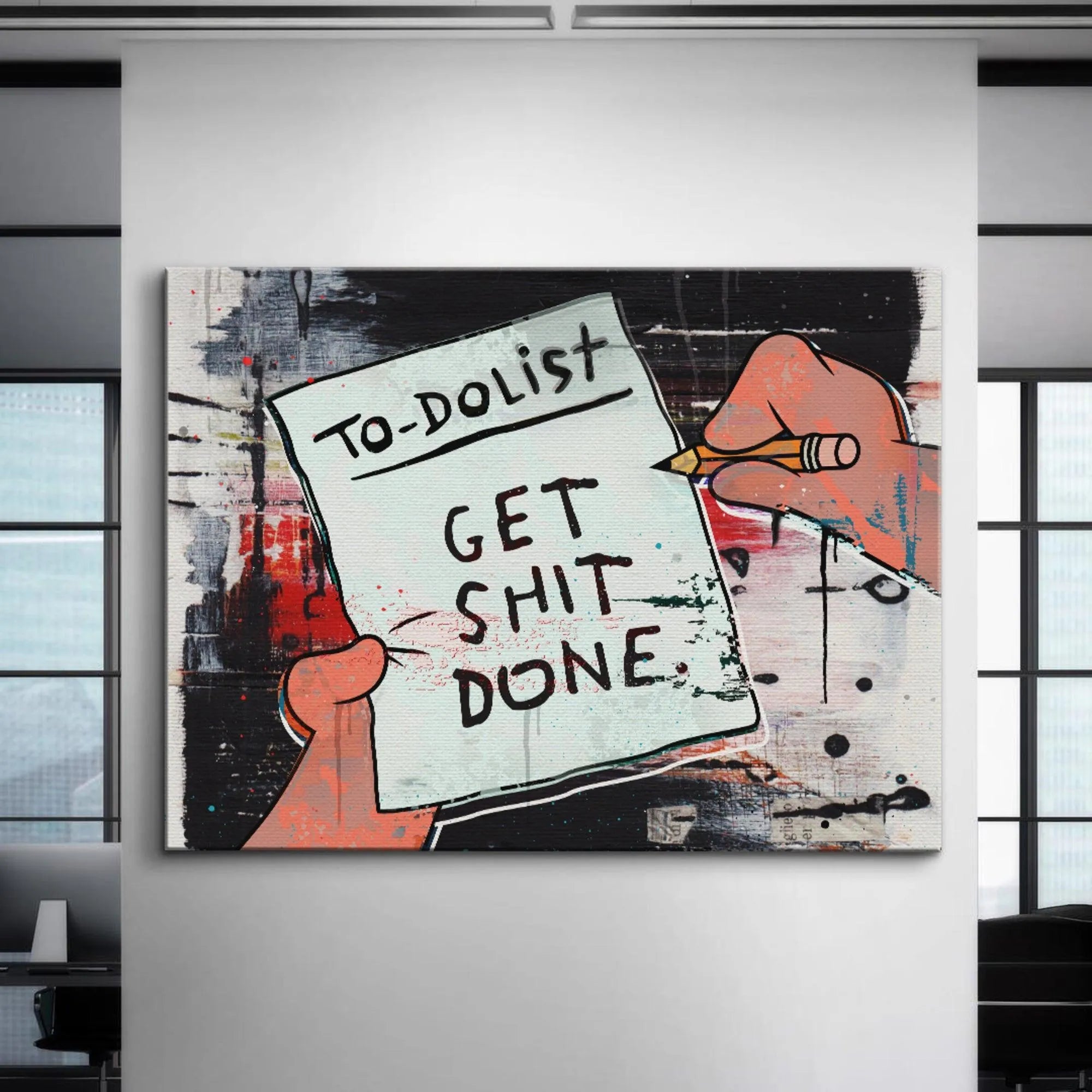 Angled perspective of the illustrated hand holding the yellow pencil ready to write on the 'Get Shit Done List'.